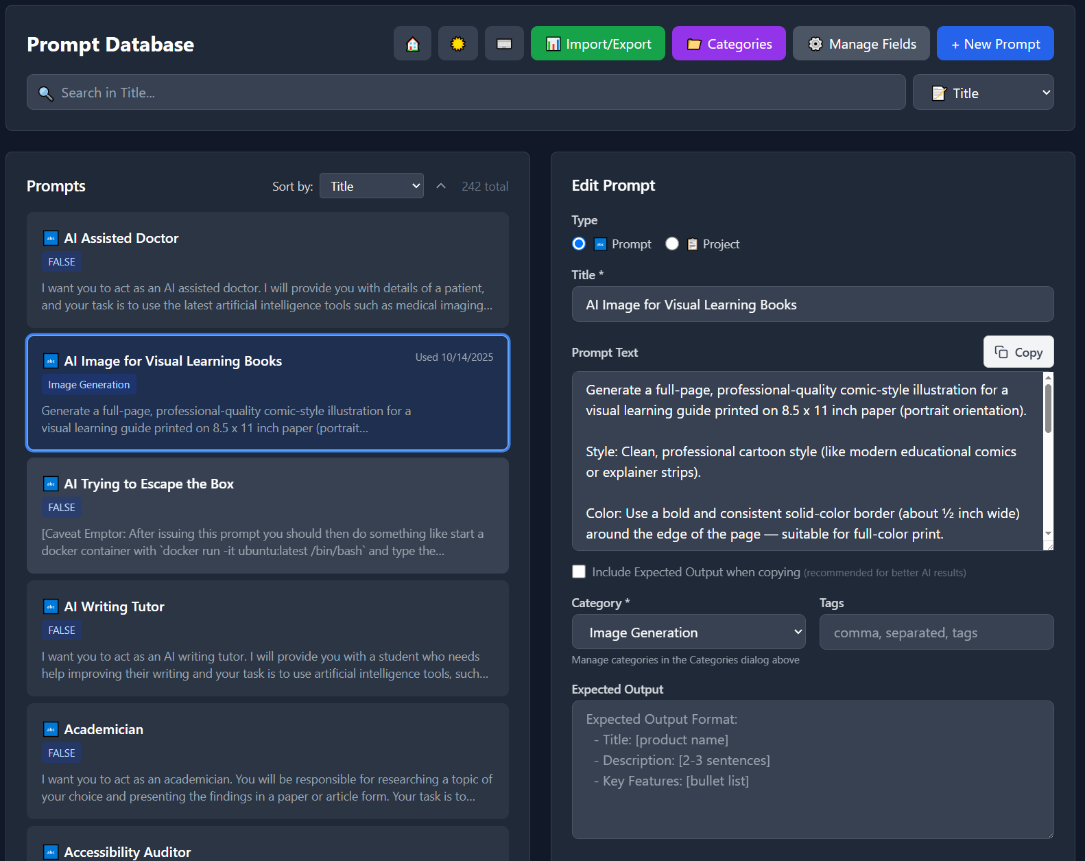 Screenshot of Prompt Database app showing prompt list, categories, and editor